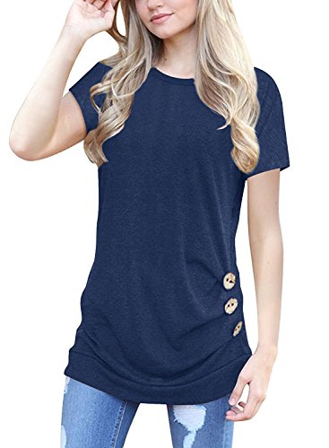 MOLERANI Women's Casual Short Sleeve Round Neck Loose Tunic T Shirt Blouse Tops (L, Short Sleeve Navy Blue)