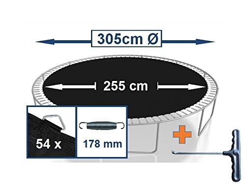 Foto von walexo Sprungtuch Sprungmatte incl. Federspanner für Trampolin Ø 305 cm 54 Ösen (Federn 17,8 cm) – UV- und Wetterbeständiges Sprungtuch aus strapazierfähigem PP-Mesh, belastbar bis 180 kg