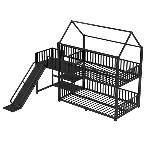 Image of Bellemave Metal Bunk beds Twin Over Twin with Slide and Storage Stairs, House Floor bunk Bed with guardrail for Kids,Black