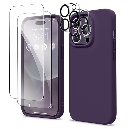 GONEZ for iPhone 14 Pro Case, with 2 Pack Screen Protector + 2 Pack Camera Lens Protector, Soft Anti-Scratch Microfiber Lining, Shockproof Protective Liquid Silicone Phone Cover 6.1'', Deep Purple
