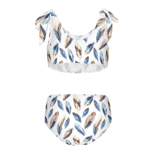 Toddler Girls Bikini Set Blue Feather Swimsuits Kid Bowknot Swimwear 2 Piece Bathing Suit 3-12T2