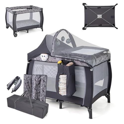 COSTWAY Cuna de Viaje para Bebé 4 en 1, Parque Plegable Portátil con Cambiador, Dosel y Red, Caja de Música, Colchón y Bolsa de Transporte para Bebés (Gris Claro)