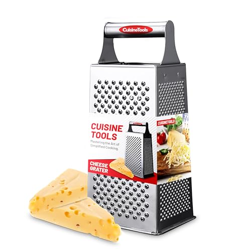 CuisineTools 4-Sided Stainless Steel Cheese Grater with New Ergonomic Handle, Multifunctional Box Grater for Cheese, Parmesan, and Vegetables, Dishwasher Safe