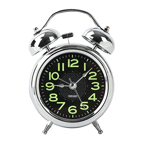 BALLSHOP Retro Alarm Clock with Non Ticking Twin Bell Vintage Battery Operated Analogue Quartz Loud Alarm Clock for Bedroom with Night Light Sliver Black