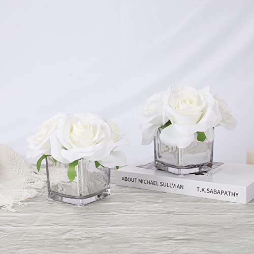Nisoger 2 Pack Fake Flowers With Vase, Silk Roses Artificial Flowers In Vase, Faux Flower Arrangement With Vase Suitable For Home Office Decoration, Dining Table Centerpiece #TOP7