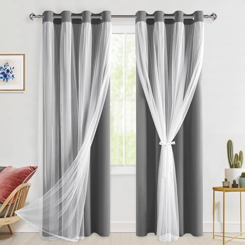 Hiasan Grey Blackout Curtains with Sheer Overlay, Grommet Thermal Insulated