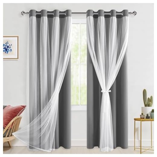 Hiasan Grey Blackout Curtains with Sheer Overlay, Grommet Thermal Insulated Privacy Mix & Match Double Layer Room Darkneing Curtains for Bedroom, Living Room, 2 Window Panels with Tiebacks, 52W X 84L