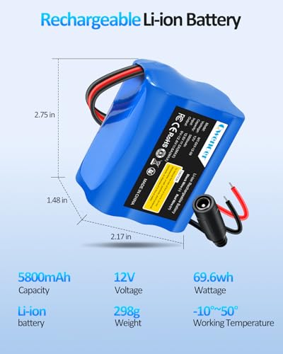 Image of 5800mAh 12V Lithium Battery, 12V Battery Pack with 12 Volt Battery Charger and Bare Leads Wire, 12Volt Rechargeable Battery for 12 Volt Devices RC Car, Boat, Robot, DIY, LED Light Strip, CCTV Camera