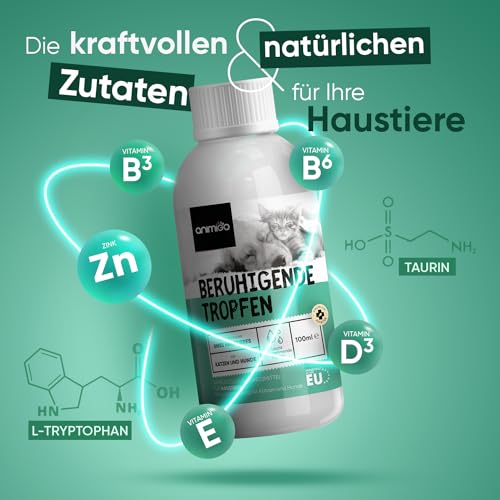 animigo Beruhigungsmittel für Hunde & Katzen - 100ml Entspannungs- & Anti-Stress-Mittel für Haustiere - Mit L Tryptophan, Vitamin D3, Zink, Taurin - Gelassenheit bei Stress, Feuerwerk, Unruhe & Reisen