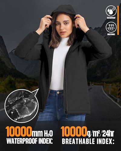 33,000ft Damen Regenjacke Übergangsjacke Wasserdicht Winddicht Fleece Lined Jacket Atmungsaktiv Warme Leichte Wanderjacke mit Kapuze Schwarz M