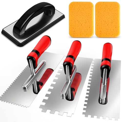 AuntyFey 6Pcs Tile Tools Set Tile Trowel Concrete Tool Notched Trowel Grout Trowel Grout Float Sponge for Tiling Installation Grouting Tile Mortar Trowel