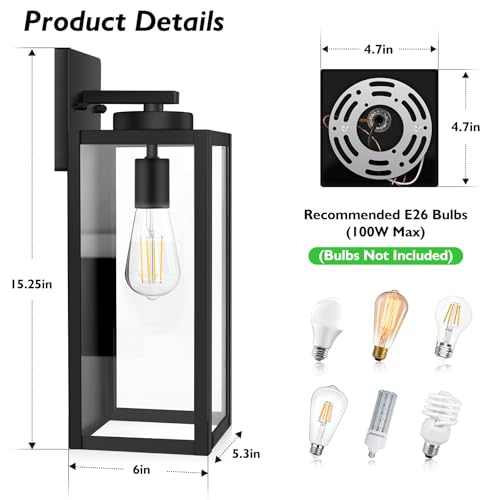 Image of BesLowe 15 inch Large Outdoor Wall Light Fixture, Exterior Porch Sconce, Black | Waterproof, Rust-Resistant, Durable Metal with Clear Glass, Standard E26 Socket, Easy to Install