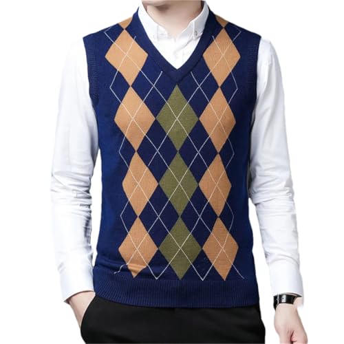 Men's Wool Plaid Sweater Vest Sleeveless V-Neck Knitted Pullover Waistcoat Outwear Tops