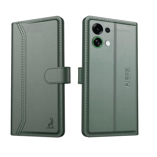 Image of AIBEX Compatible for Oppo K13 Turbo 5G / Oppo K13 Turbo Pro 5G Flip Cover Leather Finish with Magnatic Closure | Inside TPU with Card Pockets | Wallet Stand | Complete Protection Flip Case - Green