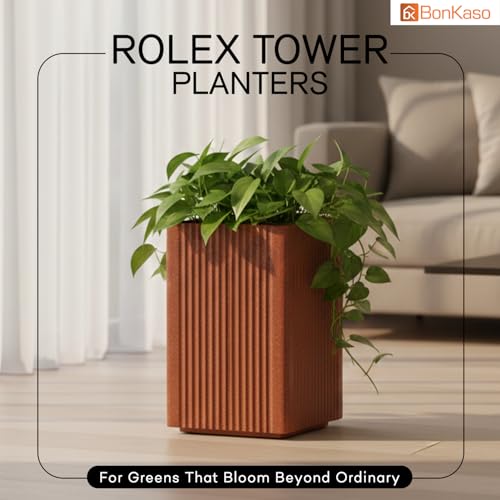 Image of BonKaso 18 Inch Rolex Tower Planter for Indoor & Outdoor Use | Tall Square Heavy Duty Polymer Flower Pot | Weather Resistant Modern Planter for Living Room, Balcony, Terrace & Office Decor (Bown)