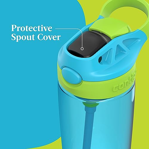 Image of Contigo Kids 20oz 2-Pack Aubrey Water Bottles with Cleanable Silicone Straw Spill-Proof Lid Dishwasher Safe Blue Raspberry /Cool Lime & Blueberry /Juniper BPA-free