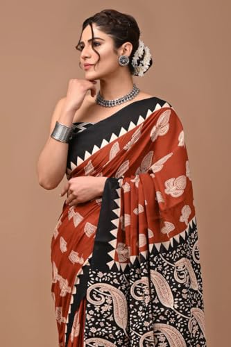 Image of Crafts Moda Hand Block Ajrakh Print Cotton Saree for women with Blouse | Soft comfortable wear sari