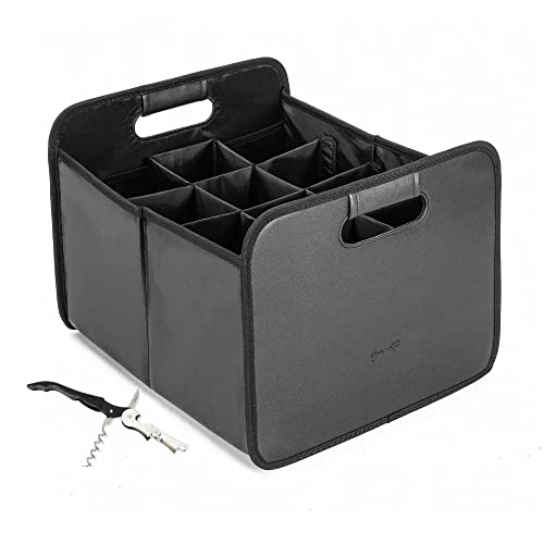 BRENRITE Foldable 12 Bottle Wine Carrier Sophisticated Faux Leather RV Storage and Organization Camping Storage and Kitchen Storage of Bottles Carry Glassware Shopping Travel Free Bottle Opener