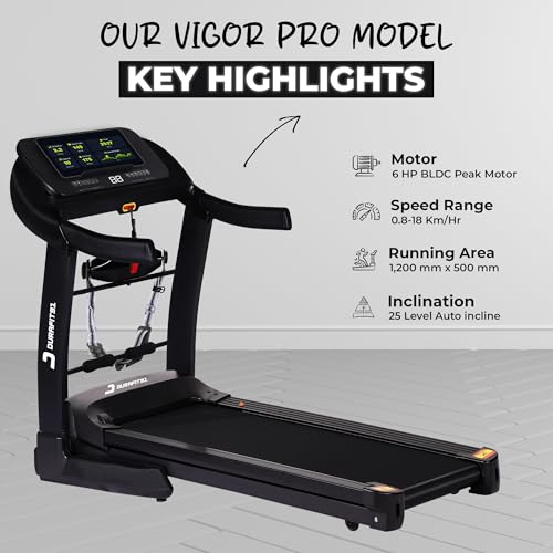 Image of Durafit91 Vigor Pro 6 HP Peak BLDC Motorized Hydraulic Foldable Treadmill | 25 Level Auto Incline |18 Km /Hr Max Speed | Max User Weight 150 Kg | Bluetooth Speaker | Wynd app | Home use