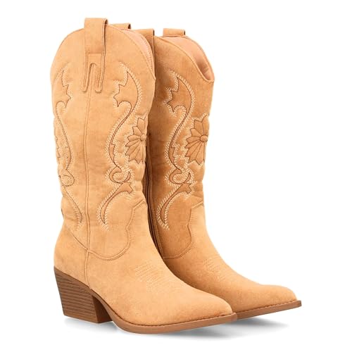 96137 Bota Cowboy de Cana Alta con Bordados para Mujer. Tacon Medio y Punta Fina, Estampado Liso. Estilo campero y Cierre de Cremallera, Ideales para Temporada Otono Invierno. Beige Talla 36