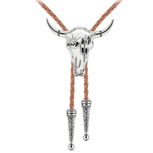 Image of GelConnie Bola Tie for Men White Longhorn Skull Western Cowboy Tie Cord | White Western Skull Bolo Tie with Cactus Motif, Adjustable Faux Leather Cord for Bola Tie for Men and Country Wedding Attire