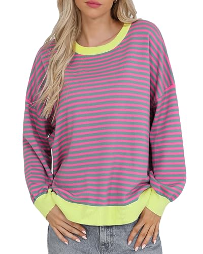 Image of Totatuit Womens Oversized Sweaters Casual Long Sleeve Crewneck Striped Knit Pullover Tops Cute 2025 Fall Sweaters