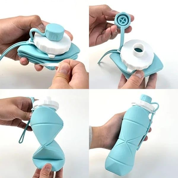 Image of Silicone Folding Water Bottle 600ML for Travel, Gym, Office, School - Food Grade, Leakproof, Lightweight & Reusable | Portable Collapsible Bottle for Men & Women (Blue)