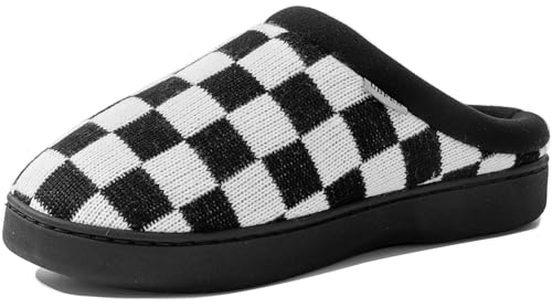 UBFEN Mens Womens Slippers Classic Plaid Winter Warm with Memory Foam Fluffy House Shoes Platform Indoor Bedroom B Black White 13-14 Women/11-12 Men