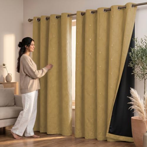 Image of LINENWALAS 100% True Blackout Long Door Curtains 9 Feet Long Set of 2 | Embossed Moonlight Design | Room Darkening Curtain | Thermal Insulated Curtains for Living Room (9 Feet, Golden Beige)