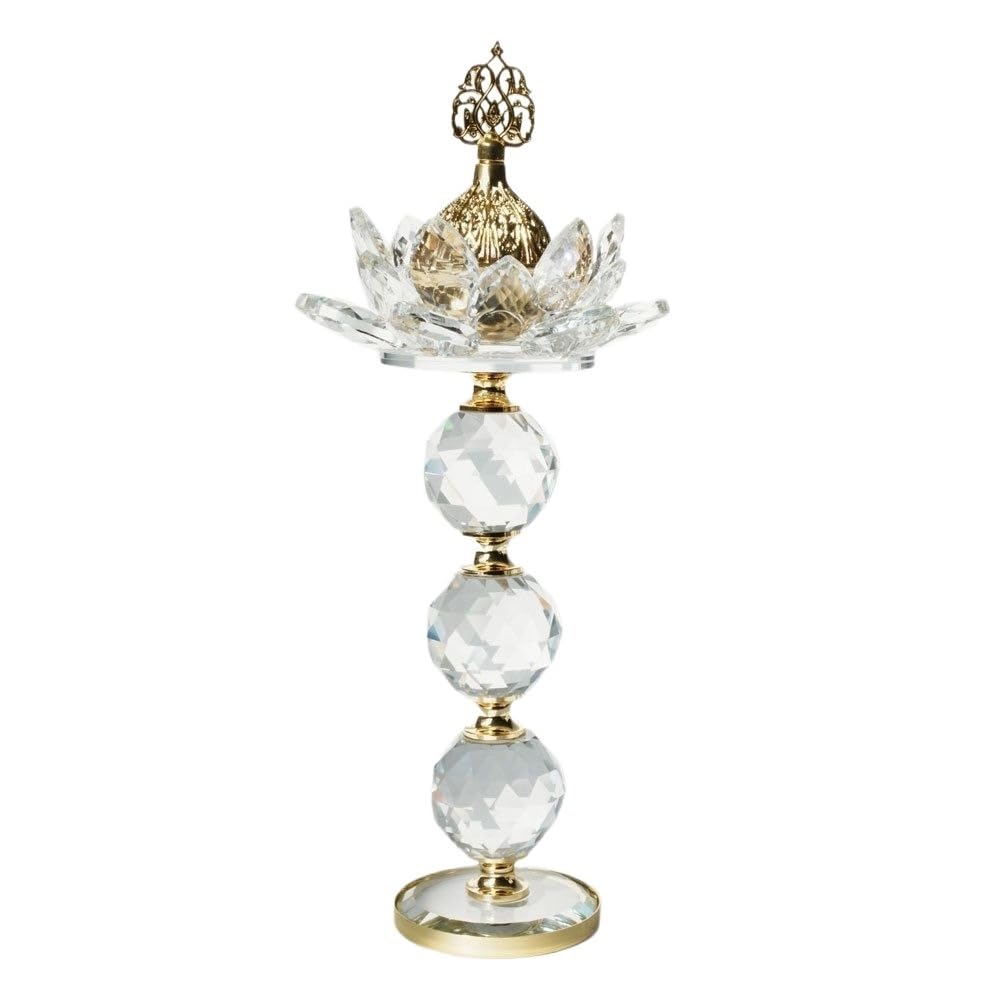 Huffa Clear Crystal Incense Burner Candle Holder With Golden Flame High-Foot Ornament