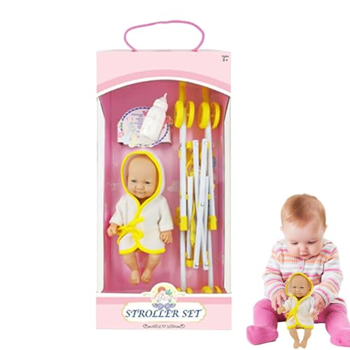 Cochecito plegable con accesorios y botella para juego de muñecas 7