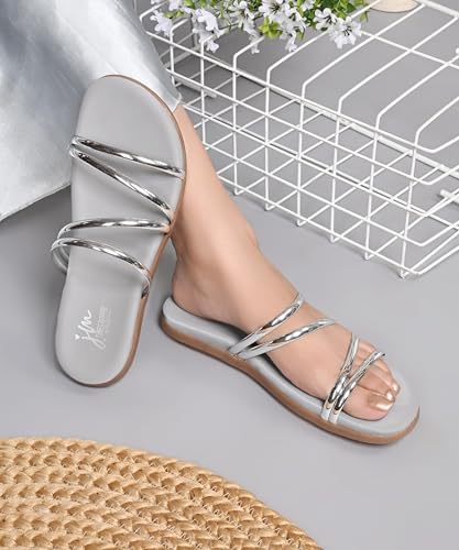 Image of JM LOOKS Women Minimalist Multi Strap Flat Sandals Daily Wear Comfort Open Toe Slip On Slides