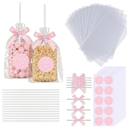 100PCS Clear Rice Krispie Treat Bags with Ribbon Bow and Thank You Stickers Flat Cellophane Bags for Individually Wrapped Cake Pops Cakesicles Candies Chocolates Marshmallow Macarons Cookies(Pink Bow)