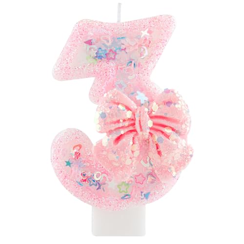 Pink Glitter Candle with Bow, Cute 3rd Birthday Cake Topper, Number Candle with Confetti & Star Heart Decorations, Sweet Themed Birthday Party Supplies for Girls, Anniversary & Celebration Decor