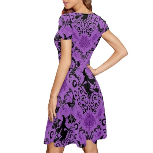Image of POLERO Women Puffy Swing Elegant Party Midi Dresses Short Sleeve Round Neck A-Line Dress