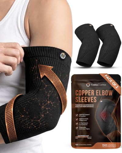 TheraCopper Copper Elbow Compression Sleeve for Men & Women (Pair) Infused Copper Elbow Brace for Tennis Elbow Tendonitis Arthritis & Bursitis Elbow Support for Golf Workouts & Recovery (Medium)