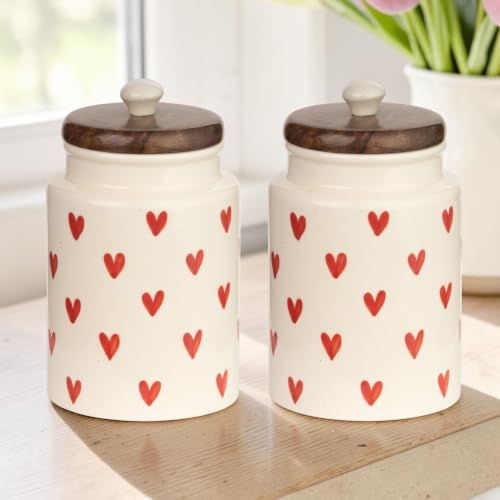 Image of Airtight Ceramic Jars (Pack of 2) - 900ml Each - Wooden Lid - Kitchen Containers for Sugar, Tea, Salt, Pickles, Pulses & More (Red Heart)