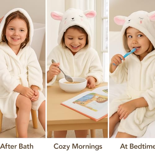 ACTLATI Toddler Dinosaur Lamb Hooded Bathrobe – Soft Flannel Robe with Tail, Belt & Pockets, Cozy Robe for Kids Ages 3-73