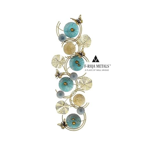 Image of F-RIQA METAL Metal Wall Art Floral Design with Butterfly Accents | Teal Gold Silver 3D Modern Wall Decor | Large Metal Wall Hanging for Living Room Bedroom Hallway Office (124 x 54 cm)
