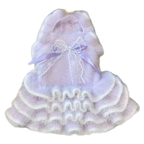 Morycat犬服 秋冬 フリース ニット ワンピース 暖かい 防寒 ドッグウェア 可愛い 蝶結び セーター スカート お姫様 毛糸 伸縮性あり 小中型犬 (パープル,XXS)