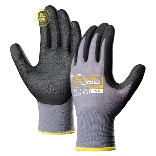 COOLJOB 3 works Nitrile Rubber Work Gloves with Grip Dots, Gardening Gloves with 2 Fingers Touchscreen