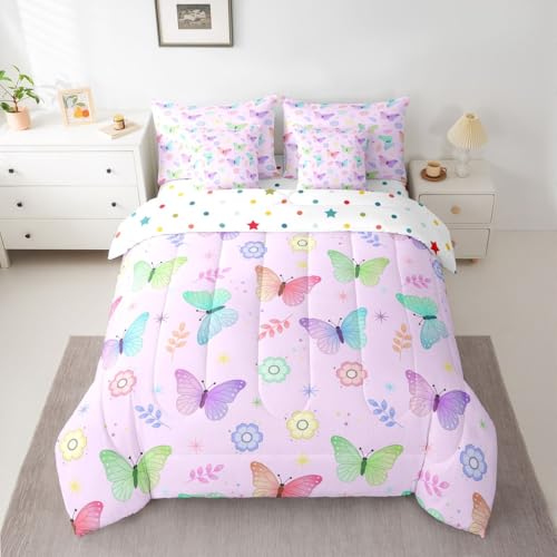 Image of Colorful Butterflies 7 Pieces Bedding Set Queen Size,Rainbow Gradient Bed in a Bag,Cute Cartoon Flower Bed Set Includes Comforter,Sheet Set,Pillowcases & Pillow Covers,Garden Wildlife Bedroom Decor
