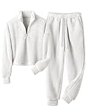 VATEAMI Fuzzy Pajamas Sets for Women Fleece Half Zip Pullover Tops and Jogger Pants Set 2Two Piece Sleepwear Loungewear (Ivory-M)
