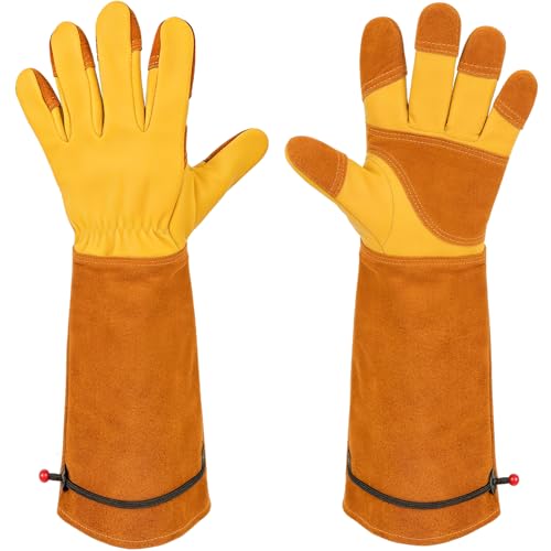 Aegend Long Gardening Gloves, Reinforced Fingertips Cowhide Leather, Elbow-Length Gauntlet
