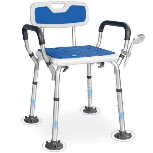 OUUTMEE Medical Shower Chair with Back & Arms Height Adjustable Shower Stool and Bathroom Chair with Stable Rubber Suction Cup Feet for Senior Elderly Disabled Handicap Bathroom Seats (Blue Large)