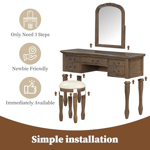 Image of JIVOIT 46 inch Vintage Makeup Vanity Table with Leather Stool, Vanity Desk with Curved Flower Frame Mirror, Dressing Table with 5 Drawers and Antique Handles, Easy Assembly