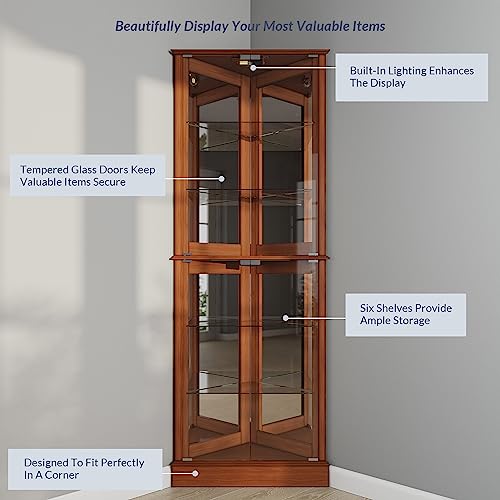 Image of BELLEZE Lighted Corner Display Curio Cabinet Wooden Shelving Unit with Tempered Glass Door, Bar and Liquor Storage Area with 6 Shelves - Woody (Oak)