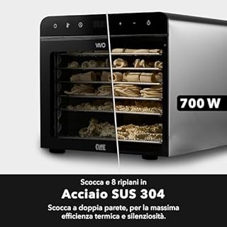 CLASSE ITALY Essiccatore Alimentare Basso Consumo, 8 Vassoi in Acciaio SUS 304, 700W, GARANZIA 5 ANNI, Temperatura Regolabile 35-85°C, Timer 24 ore, BPA Free