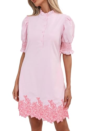 YEXPINE Women's Summer Embroidered Mini Dress Short Puff Sleeve Ruffle Collar Button Front Shift Dress Pink