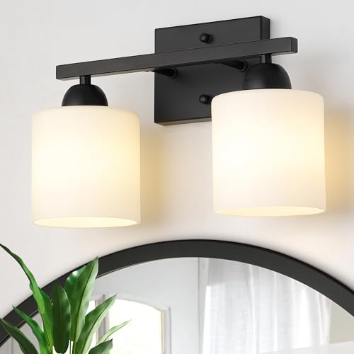 Image of Mecgirn Milk Glass Vanity Lights for Bathroom, 2 Light Matte Black Bathroom Light Fixtures Over Mirror, Ceramic E26 Sockets Wall Mounted